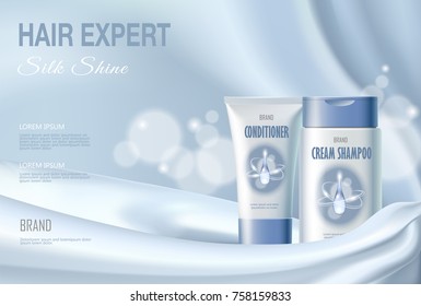 Hair cosmetic ad shampoo moisturizing conditioner moisturizing. Light blue silk fabric water liquid drop blur background.3d realistic package mock up poster banner template vector illustration