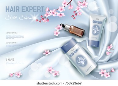 Hair cosmetic ad shampoo moisturizing conditioner serum. Light blue silk fabric water liquid drop flower sakura cherry blossom.3d realistic package mock up poster banner template vector illustration