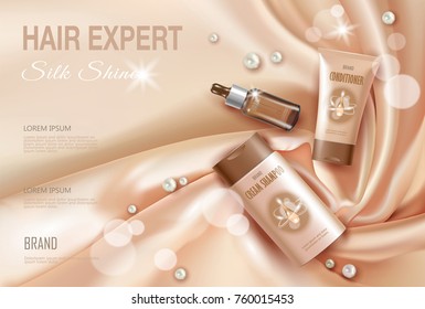 Hair cosmetic ad shampoo moisturizing conditioner serum. Light beige silk fabric water liquid drop flower sakura cherry blossom.3d realistic package mock up poster banner template vector illustration