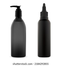 Mockup de botella cosmética de pelo. Tubo de pulverización de color de tinta. Frasco dispensador de bombas para marca cosmética profesional. Productos de belleza de plástico negro profesional. Contenedor de pintura de crema, espuma o gel