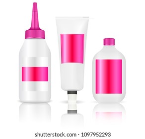 Hair cosmetic bottles set. Creme gloss paint blank template mock up with label. High quality Vector Illustration packaging.