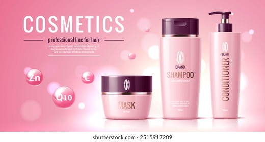 Modelos de produto cosmético para o cabelo. Pacotes de champô, condicionador e máscara. Anúncios vetoriais promocionais com embalagem de cosméticos rosa realista elegante para produtos profissionais de cuidados com o cabelo e bolhas de vitamina voadora