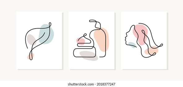 Afiches de cosméticos de pelo. Ilustración vectorial de una línea moderna.