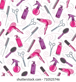 Hair craft vector seamless pattern. Hair cut professional salon background in colors of pink, purple and grey. Hairdresser's equipment elements design texture in doodle style