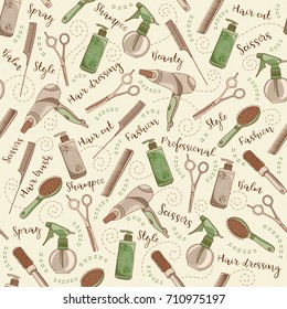 Hair craft vector seamless pattern. Hair cut professional salon background in colors of brown, green and beige. Hairdresser's equipment elements design texture with lettering in doodle style