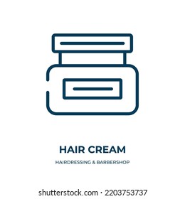 Icono de crema de pelo. Ilustración vectorial lineal de la colección de peluquerías de peluquería. Contorno el vector de icono de crema de pelo. Símbolo de línea delgada para uso en aplicaciones web y móviles, logotipo, medios impresos.