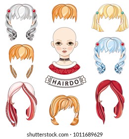 Hair Creator. Girl. Avatar. Long hair, short hair, curly hair salon hairstyles and trendy haircut vector set isolated on white background. 