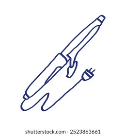 Lockenwickler. Friseurausrüstung. Professionelles Tool. Handgezeichnete Skizze. Blaue Stift- oder Markierungszeichnung. Ein primitives Kinderbild. Vektorgrafik. Barbersymbol