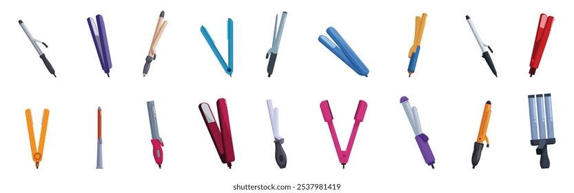 Hair curler icons set. Different hair styling tools for creating various hairstyles, perfect for professional hairdressers and salon use