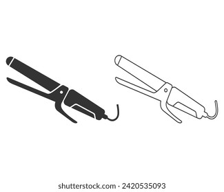 Hair curler line icon set. Curling iron. Curling tongs. Creating curls by heating. Professional hair styling. Contour symbol. Vector isolated outline drawing. Editable stroke