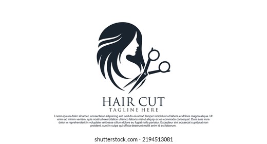 Diseño del logotipo de corte de pelo para mujeres salón de belleza con secador de pelo y concepto creativo Premium Vector