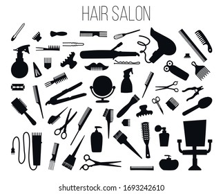 Hair cut, manicure, makeup, hair coloring, hairdressing, styling professional beauty tools and equipment big set. Beautiful fashion illustration in hand drown style isolated on white background