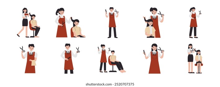 Hair Cutter Character flat illustration set. Include of hairdresser, fashion, barber, salon, cutter, and clipper. Vector illustration isolated transparent background