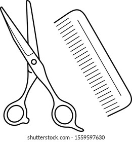 Hair cutting scissors and comb. Vector outline icon.