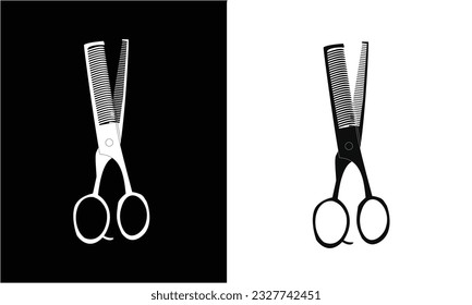 Hair cutting scissors icon vector illustration. Barber's tool for cutting hair. Hair scissors icon clipart. Icon vector isolated on black and white background.