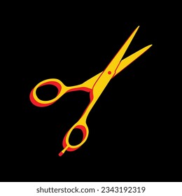 Hair cutting scissors sign. 3D Extruded Yellow Icon with Red Sides a Black background. Illustration.