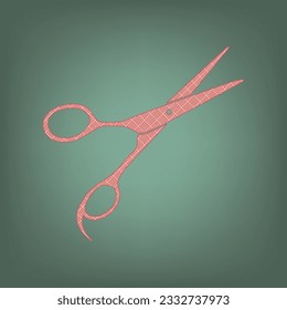 Hair cutting scissors sign. Apricot Icon with Brick Red parquet floor graphic pattern on a Ebony background. Feldgrau. Green. Illustration.