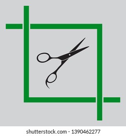 Hair cutting scissors sign. Black icon inside green crop tool at light gray background