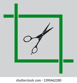 Hair cutting scissors sign. Black icon inside green crop tool at light gray background