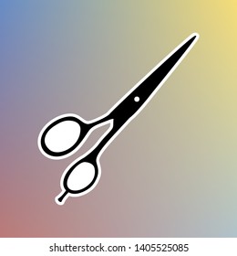 Hair cutting scissors sign. Black icon in white shell at pastel color background. Illustration.