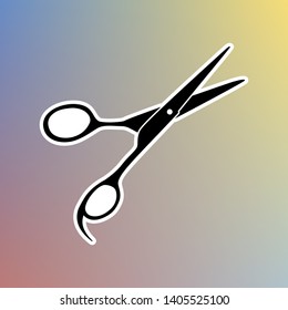 Hair cutting scissors sign. Black icon in white shell at pastel color background. Illustration.