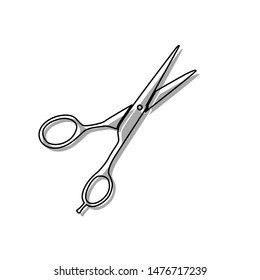 Hair cutting scissors sign. Black line icon with gray shifted flat filled icon on white background. Illustration.