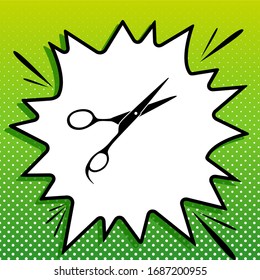 Hair cutting scissors sign. Black Icon on white popart Splash at green background with white spots. Illustration.