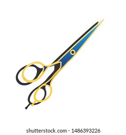 Hair cutting scissors sign. Blue icon with gold contour with dark gray shadow at white background. Illustration.