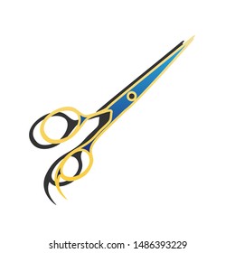 Hair cutting scissors sign. Blue icon with gold contour with dark gray shadow at white background. Illustration.