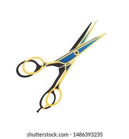 Hair cutting scissors sign. Blue icon with gold contour with dark gray shadow at white background. Illustration.