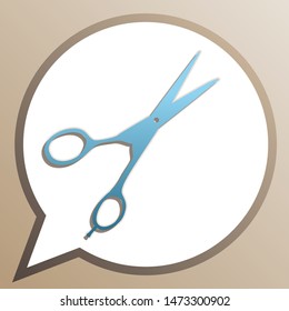 Hair cutting scissors sign. Bright cerulean icon in white speech balloon at pale taupe background. Illustration.