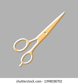 Hair cutting scissors sign. Emboss effect with light orange icon on gray background.