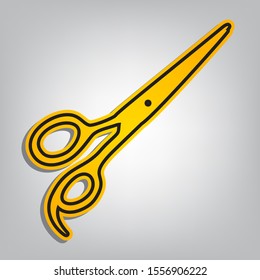 Hair cutting scissors sign. Flat orange icon with overlapping linear black icon with gray shadow at whitish background. Illustration.