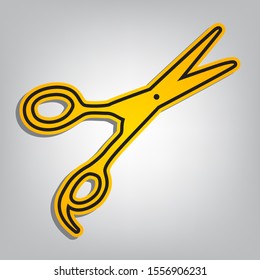 Hair cutting scissors sign. Flat orange icon with overlapping linear black icon with gray shadow at whitish background. Illustration.