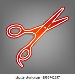 Hair cutting scissors sign. Flat red icon with linear white icon with gray shadow at grayish background. Illustration.