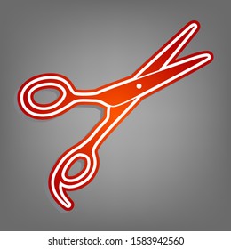 Hair cutting scissors sign. Flat red icon with linear white icon with gray shadow at grayish background. Illustration.