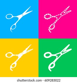 Hair cutting scissors sign. Four styles of icon on four color squares.