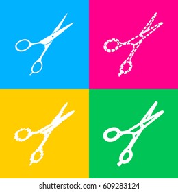 Hair cutting scissors sign. Four styles of icon on four color squares.
