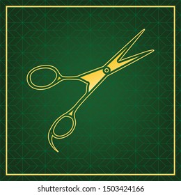 Hair cutting scissors sign. Golden icon with gold contour at dark green gridded background. Illustration.