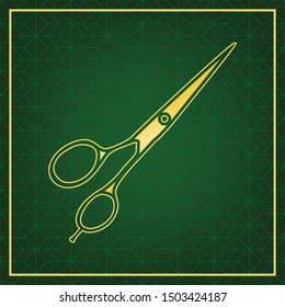 Hair cutting scissors sign. Golden icon with gold contour at dark green gridded background. Illustration.