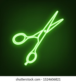 Hair cutting scissors sign. Green neon icon in the dark. Blurred lightening. Illustration.