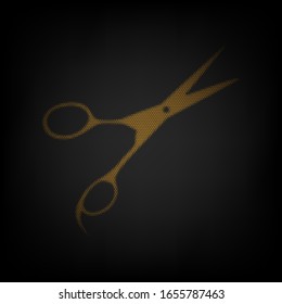Hair cutting scissors sign. Icon as grid of small orange light bulb in darkness. Illustration.