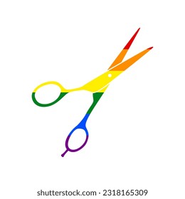 Hair cutting scissors sign. Rainbow gay LGBT rights colored Icon at white Background. Illustration.