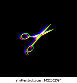 Hair cutting scissors sign. Red, green and blue unfocused contour icon at black background. Illustration.