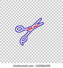Hair cutting scissors sign. Red, white and contour icon at transparent background. Illustration.