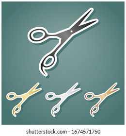 Hair cutting scissors sign. Set of metallic Icons with gray, gold, silver and bronze gradient with white contour and shadow at viridan background. Illustration.