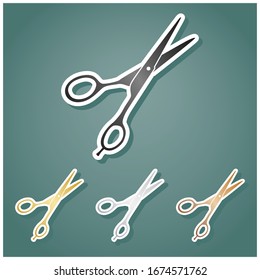 Hair cutting scissors sign. Set of metallic Icons with gray, gold, silver and bronze gradient with white contour and shadow at viridan background. Illustration.