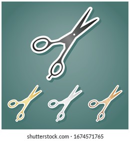 Hair cutting scissors sign. Set of metallic Icons with gray, gold, silver and bronze gradient with white contour and shadow at viridan background. Illustration.