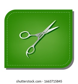 Hair cutting scissors sign. Silver gradient line icon with dark green shadow at ecological patched green leaf. Illustration.
