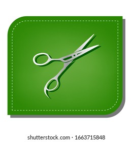 Hair cutting scissors sign. Silver gradient line icon with dark green shadow at ecological patched green leaf. Illustration.
